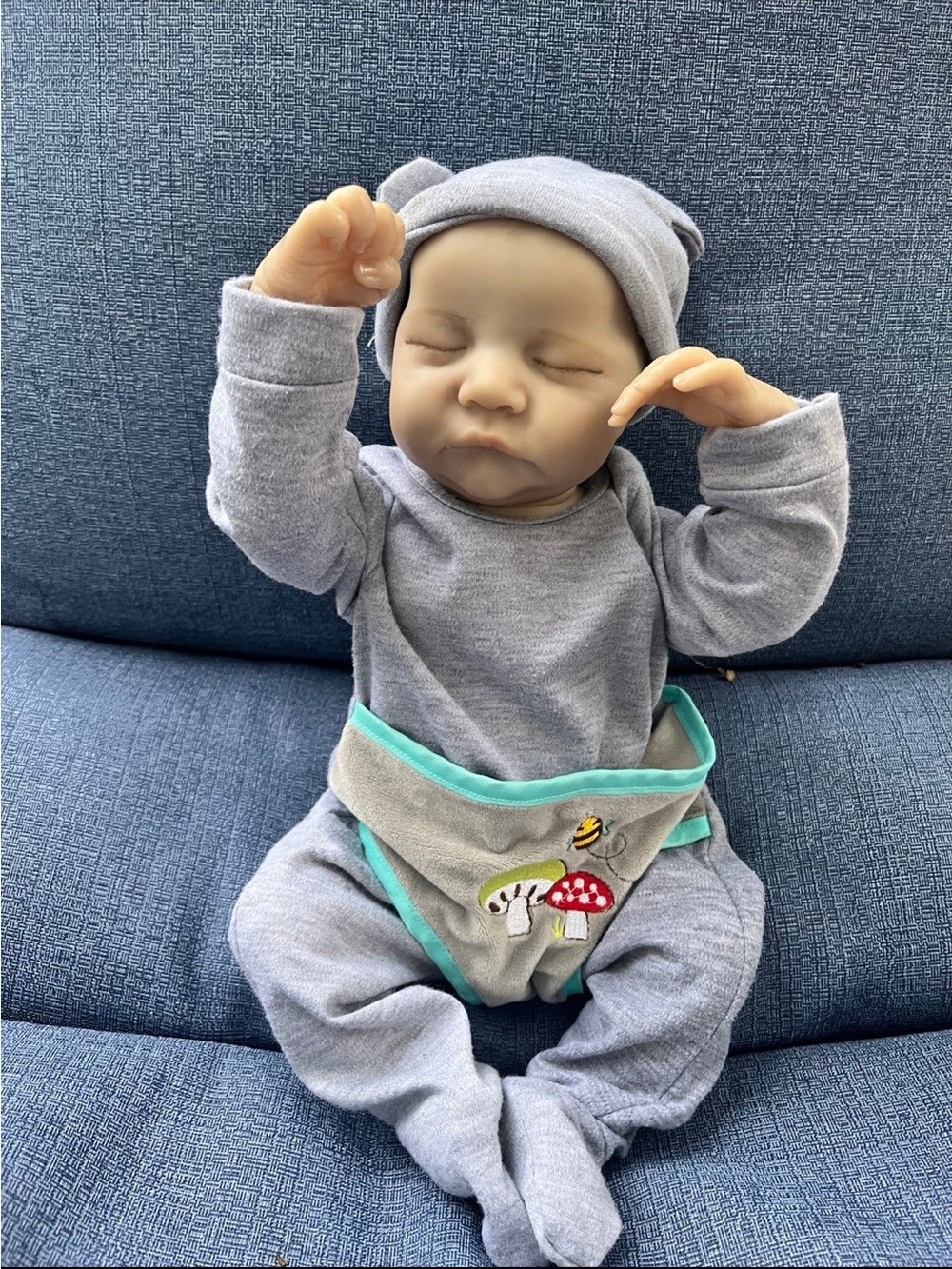 Grey Plush Baby Doll with Hat and Mushroom Bib - Kids Toys Dolls & Accessories